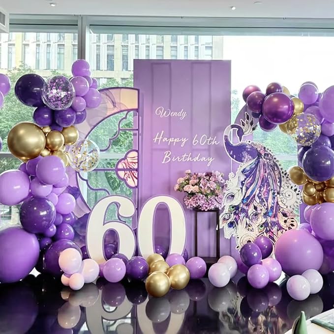 Purple and Gold Balloons Arch Kit, 155Pcs Lavender Dark Purple Pastel Purple Lilac and Gold Balloon Garland for Baby Girl Princess Party Birthday Graduation