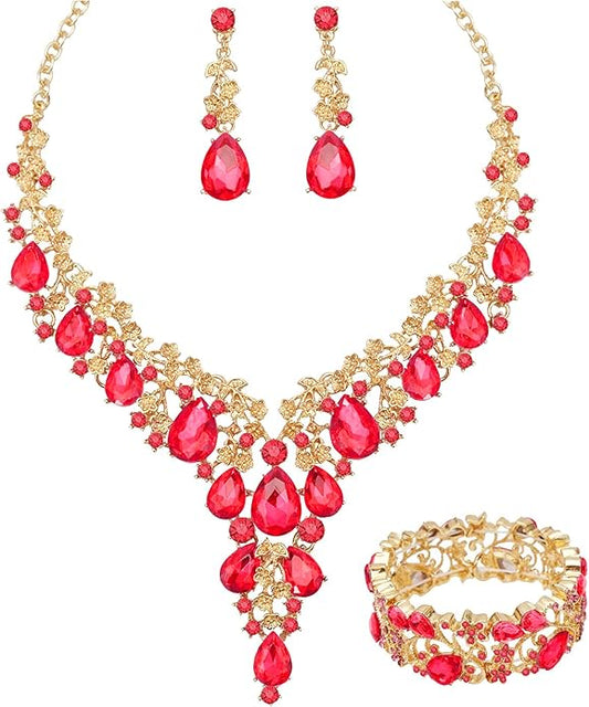 CSY Elegant Crystal Costume Jewelry Sets Flower Bridal Necklace Earrings Stretch Bangle Set for Bride Bridesmaid Wedding Dress Accessories