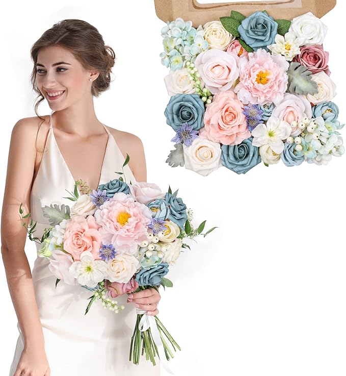 AmyHomie Blue Pink Artificial Flowers Combo Silk Mix Peony Rose Hydrangea Daisy Fake Flowers w/Stem for DIY Wedding Bouquets Centerpieces Arrangements Table Decor Party Bridal Baby Shower Home Decor
