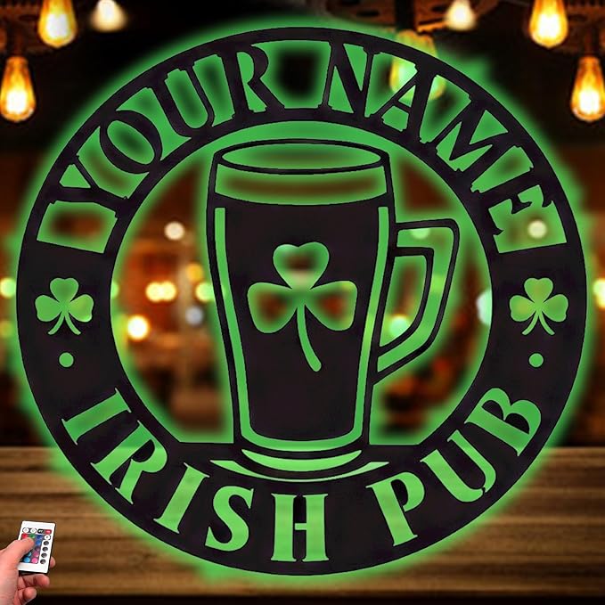 Personalized Irish Pub Sign - Custom Metal Wall Art with LED, Rustic Bar Tavern Plaque for Man Cave, Basement, St. Patrick’s Day Decorations & Gifts for Dad, Husband, Beer Lovers