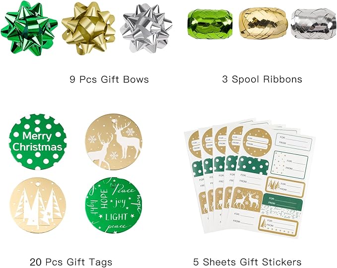 WRAPAHOLIC Green Christmas Wrapping Paper Set - Green and Gold Metallic Foil Shine Christmas Wrapping Paper Bundle with Gift Bow & Ribbon & Tag & Sticker