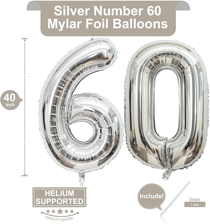 40 Inch Silver 60 Number Balloons Giant Jumbo Huge 60 Foil Mylar Helium Number Digital Balloons Silver Birthday Mylar Digital Balloons 60 Birthday Party 60th Anniversary Events Party Decorations