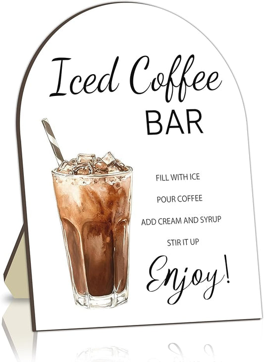 Iced Coffee Bar Wooden Table Sign, Iced Coffee Bar Sign for Baby Shower, Bride Shower Table Signs, Drinking Station Welcome Board, Caffeinated Drink Board for Baby Party, Bridal Party Drink Sign 8x10