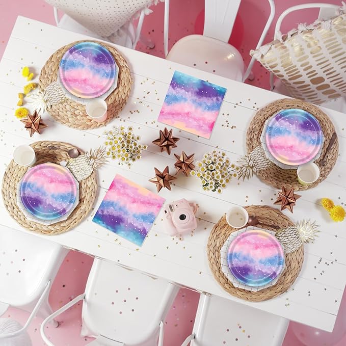 41Pcs Outer Space Galaxy Party Decorations Tie Dye Starry Sky Theme Tableware Psychedelic Mysterious Nebula Plate,Napkin,Tablecloth丨Starry Night Sky Universe Birthday Baby Shower Decor| Serves 20