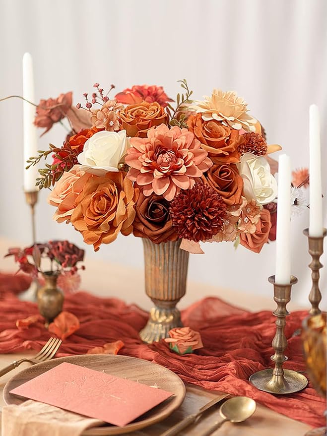 Orange Roses Artificial Flowers Fall Fake Flower Bulk for DIY Wedding Bouquet Bridal Baby Shower Centerpiece Table Decorations Faux Floral Arrangements for Party Home Decor Cake Decorating