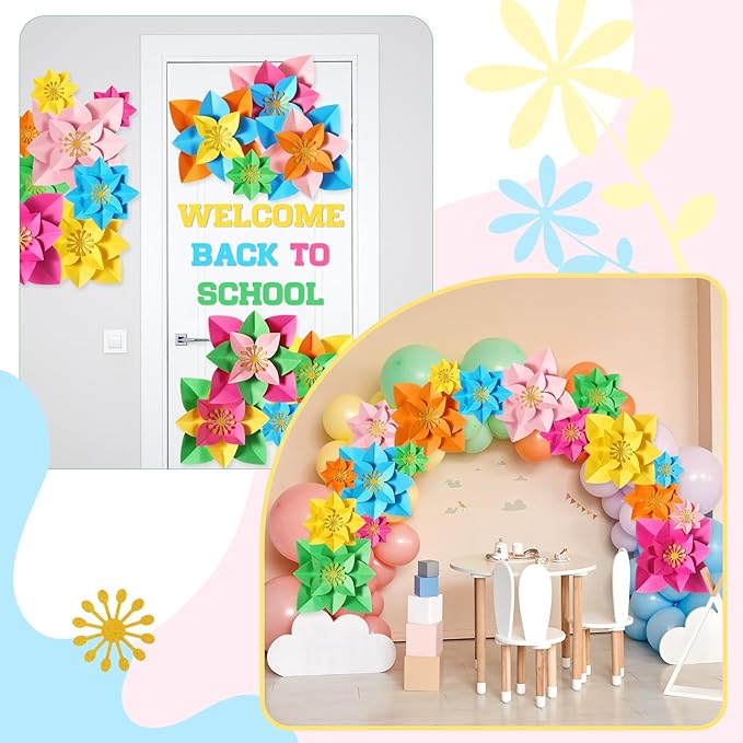 18 Pcs Mexican Paper Flowers Decor for Wall DIY Paper Fiesta Bulletin Board 3D Colorful Mexican Backdrop Decoration for Classroom Back to School Carnival and Holiday Party(Pointed-leaf Clover,Rainbow)