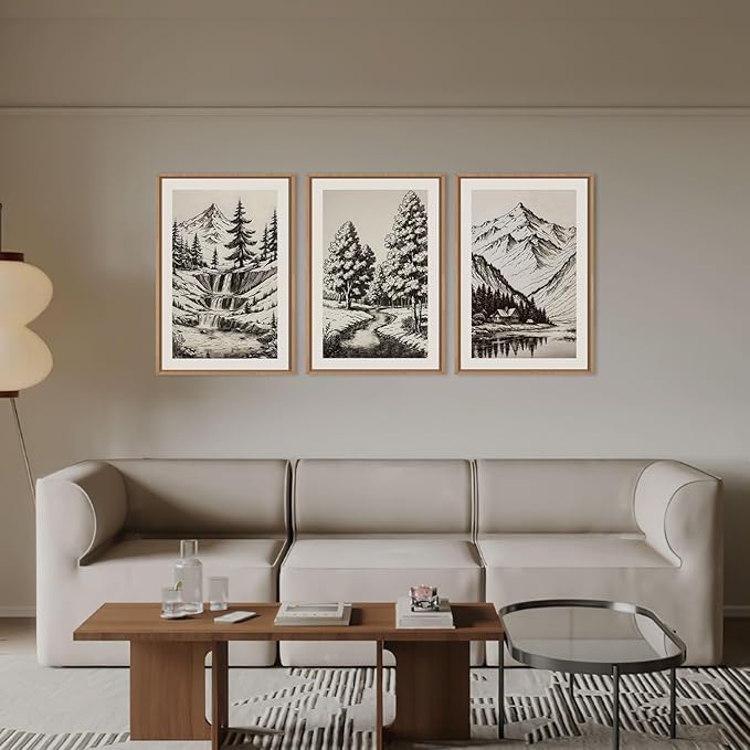 HOURIA Large Vintage Mountain Sketch Framed Canvas Wall Art Set,Modern Pine Tree Wall Decor, Natural Botanical Wall Painting,Retro Abstract Art Print for Living Room,Bedroom,Office- 24"x36"x3