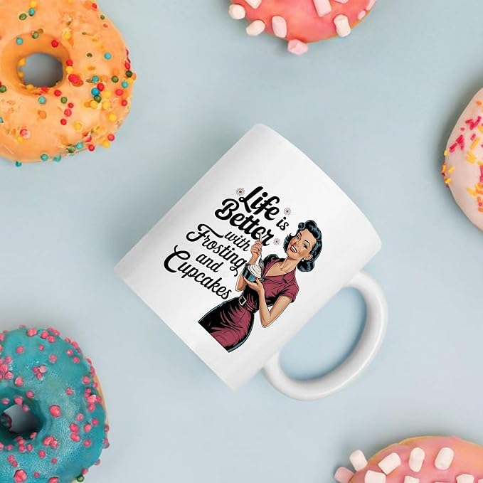 Retro Women Frosting & Cupcakes Sarcastic Coffee Drinking Cup, White Ceramic Mugs, 11oz 15oz