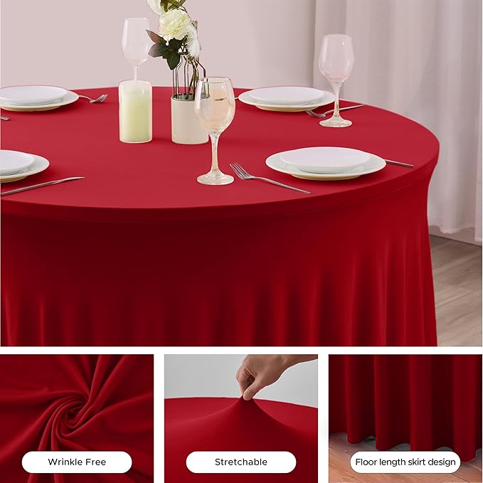 HolidayIdeas 6 Pack Red Spandex Table Skirt for 60 Inch Round Table, Fitted Stretch Covers for Christmas Receptions, Holiday Galas
