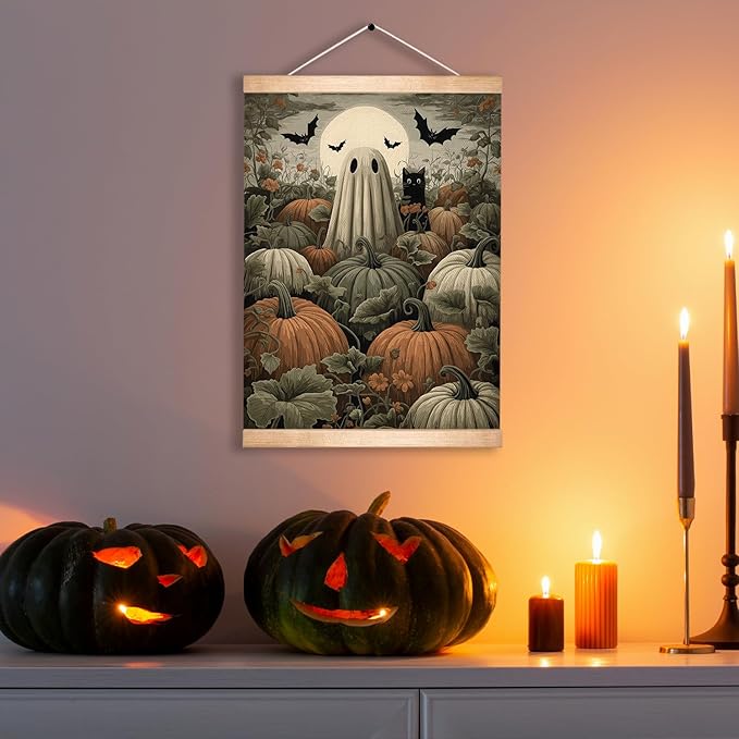 Halloween Ghost and Black Cat Pumpkin Field Wall Art, 18.5x14 Inch Gothic Halloween Linen Canvas Print, Vintage Spooky Fall Decor, Retro Witch Gothic Wall Hanging Poster for Living Room Kitchen (BLK11)
