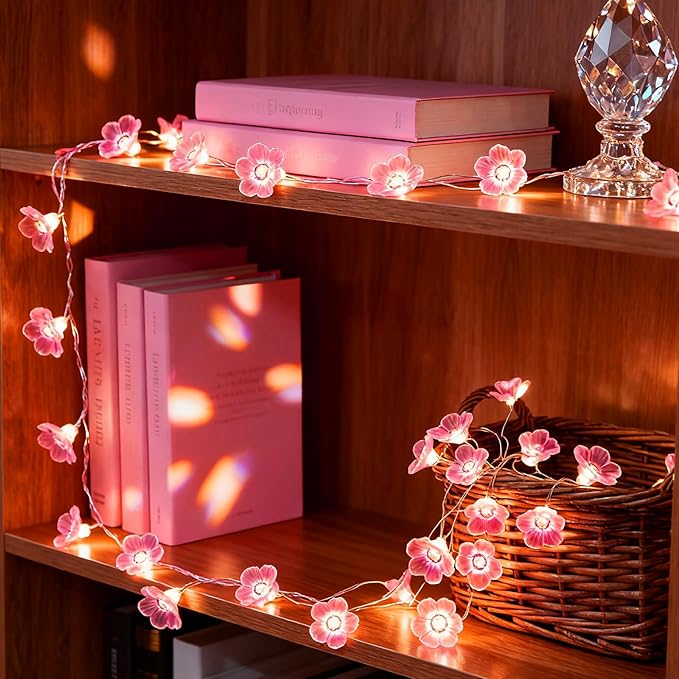 Pink Fairy Cherry Blossom Flower String Lights for Bedroom, USB Plug in and Battery Operated 13ft 40 LED Cute Indoor Outdoor Hanging Decorations for Birthday Wedding Party Christmas Easter