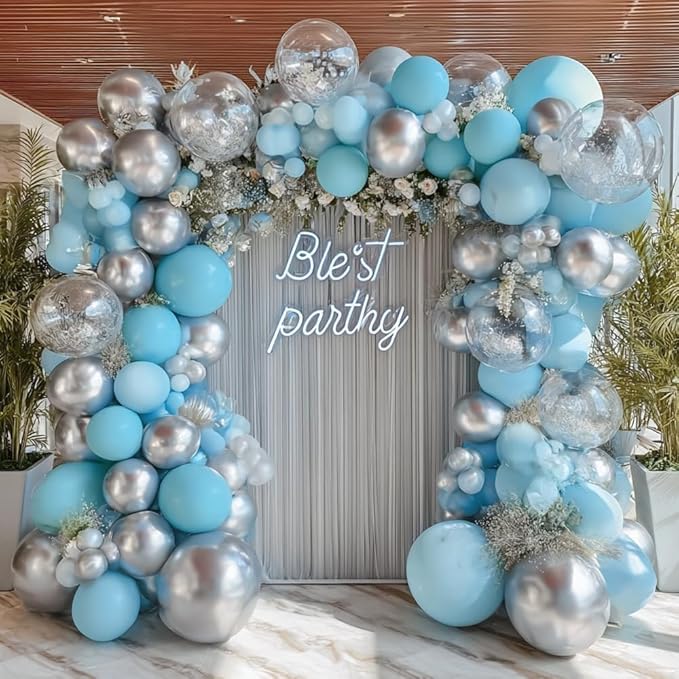 Blue Silver Balloon Arch Double Stuffed Pastel Baby Blue Metallic Balloon Garland Kit Clear Bobo Balloons for Birthday Baby Shower Bridal Shower Birthday Wedding Anniversary Party Decorations