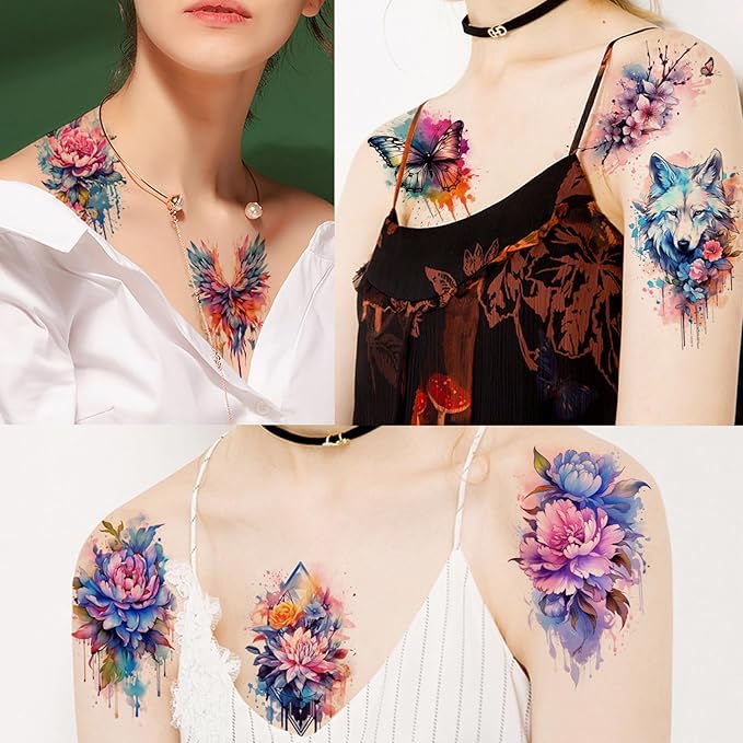 52 Watercolor Temporary Tattoos for Women Adults - Realistic 3D Floral Butterfly Phoenix Mandala Fake Tattoos Set, Waterproof Long Lasting Body Sticker for Parties Weddings (12 Large Tattoos Included)