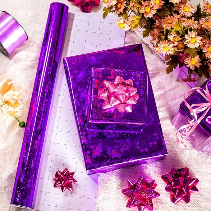 Yarcony Purple Wrapping Paper Roll, Holographic Butterfly Wrapping Paper - 17 Inch x 33 Feet - Shiny Iridescent Butterflies Design Thick Purple Gift Wrap for Birthday, Wedding, Christmas, Halloween
