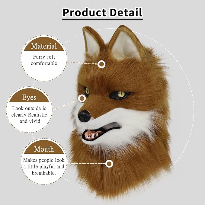 Animal Wolf Mask Cosplay Costume Accessories Furry Faux Fur Dog Fox Full Head Therian Masks Anime Dress up Party