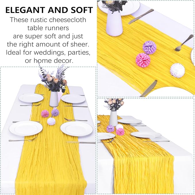 6 Pack Yellow Cheesecloth Table Runner 10FT Boho Gauze Fabric Table Runner 35 x 120 Inch Rustic Sheer Runner for Wedding Decor Baby Shower Party Boho Table Decoration(Yellow)