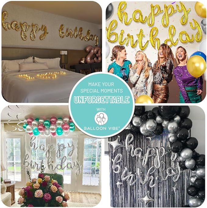 BALLOON VIBE Happy Birthday Balloon Banner - Black 16 Inch Cursive Mylar Foil Letters Happy Birthday Banner for Decor - Balloons Letters Sign with 4 Straws & Ribbon Roll