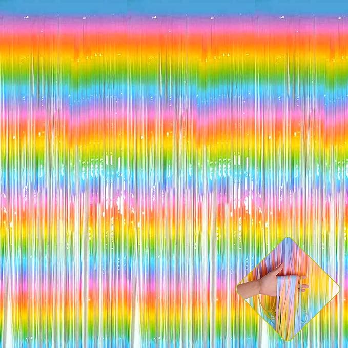4 Pack 3.2Ft x 9.8Ft Macaron Rainbow Foil Fringe Curtain Backdrop, Foil Fringe Streamers Curtains for Party, Photo Booth Props, Birthday, Wedding, Christmas Party Decoration Supplies