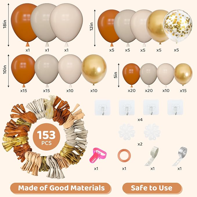 Amandir 153pcs Burnt Orange Balloon Garland Arch Kit, Different Sizes 18 12 10 5inch White Sand Nude Latex Metallic Gold Confetti Fall Thanksgiving Balloons for Baby Shower Birthday Party Decorations