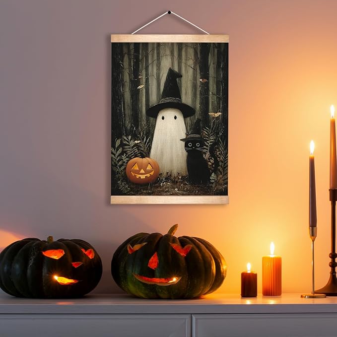 Rustic Halloween Ghost and Black Cat with Pumpkin Wall Art 18.5x14 Inch,Halloween Linen Canvas Wall Hanging Poster Decor, Retro Gothic Haunted House Theme Wall Poster for Living Room (BLK03)
