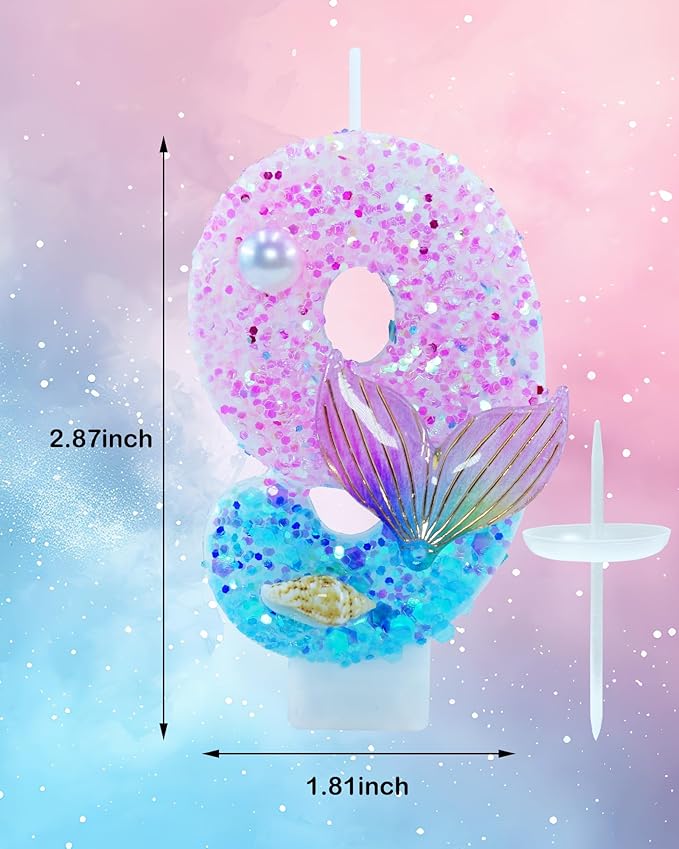 Mermaid Themed Birthday Candles, Number 9 Girls Glitter Birthday Party Supplies,Anniversary Party Decor,2.87 inch Cake Topper Decorations (Mermaid Themed, Number 9)