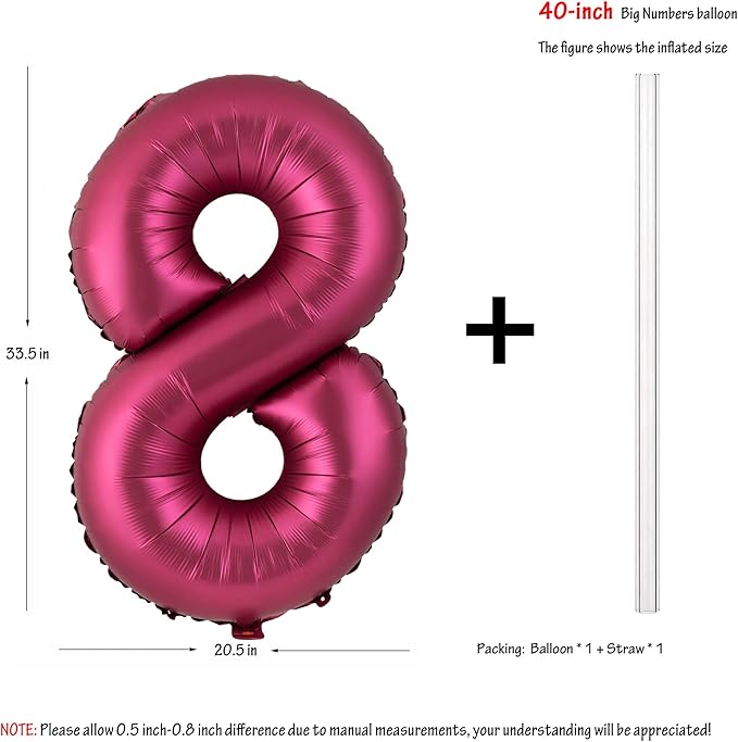 Number 8 Balloons 40 Inch Wine Red Burgundy Foil Helium Large Balloons for Birthday Party Anniversary Decorations（Digital 8）