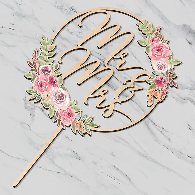 Mr & Mrs Cake Topper Floral Wedding Cake Topper in Wood (Design 01)