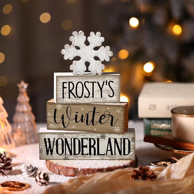 4 Pcs Christmas Table Decorations Wooden Snowflake Decor Winter Tiered Tray Decor Rustic Snow Block Signs Gift Farmhouse Christmas Centerpiece for Winter Wonderland Party Kitchen Home