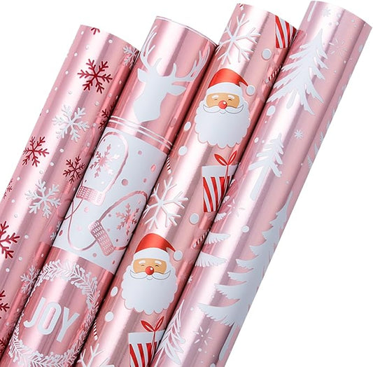 MAYPLUSS Christmas Wrapping Paper Jumbo Rolls with Gridlines - 30IN X 120IN - 4 Roll-Christmas Tree Santa Claus Snowflakes Reindeer Joyful for New Year Holiday Kids