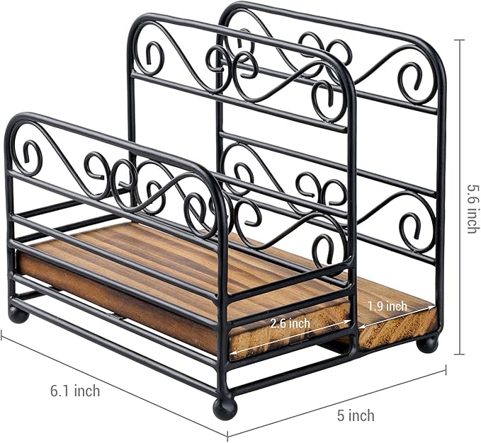 MyGift 2-in-1 Disposable Napkin and Salt & Pepper Caddy, Black Metal Vintage Scrollwork Dinner Table Paper Towel Condiment Holder with Rustic Burnt Solid Wood Base