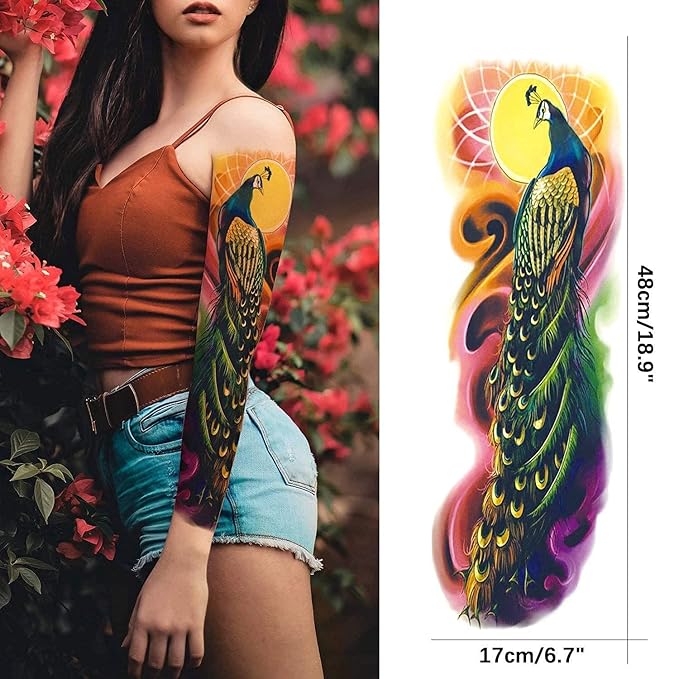 Aresvns Spring Sleeve Temporary Tattoo for women and gils, Beautiful Floral Waterproof Fake Tattoo,Roses Peacock Temp tatoo for BBQ Pool Beach Party