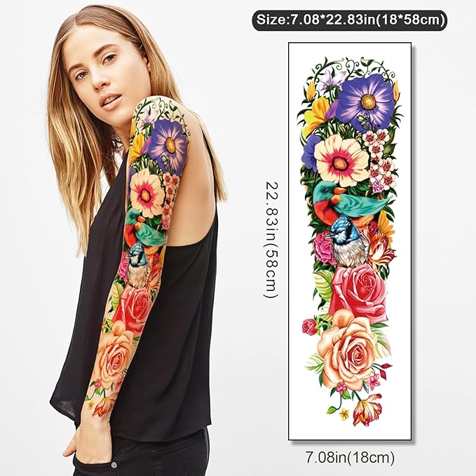 55 Sheets Temporary Tattoo for Men and Women, 8 Full Arm Fake Tattoos, 17 Half Arm Fake Skull Flower Tattoos, 30 Tiny for Adults Kids Body Shoulder Tattoos Stickers Waterproof Realistic Long-Lasting