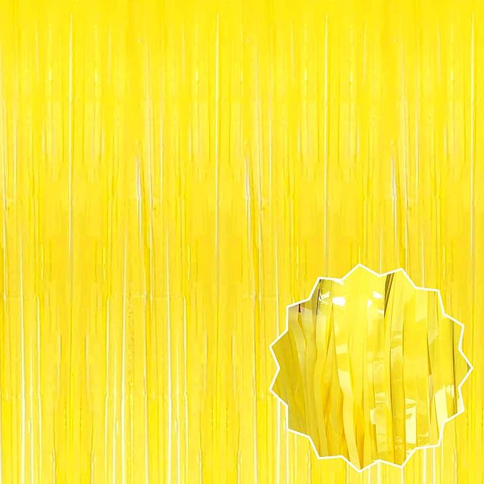 3 Pack Macaron Yellow Foil Fringe Curtains Backdrop, 3.28 x 8.2 Ft Metallic Streamers Tinsel Curtains Background for Photo Booth, Birthday, Christmas, Halloween, New Year Party Decorations