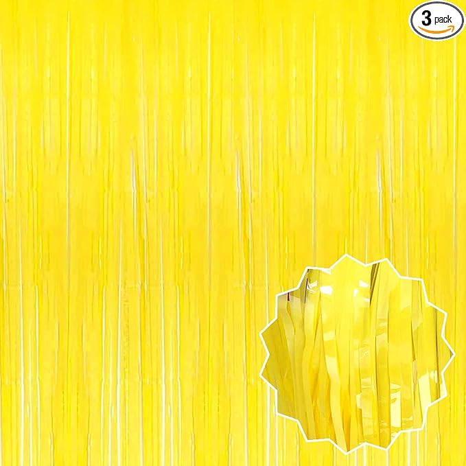 3 Pack Macaron Yellow Foil Fringe Curtains Backdrop, 3.28 x 8.2 Ft Metallic Streamers Tinsel Curtains Background for Photo Booth, Birthday, Halloween, Christmas, New Year Party Decorations