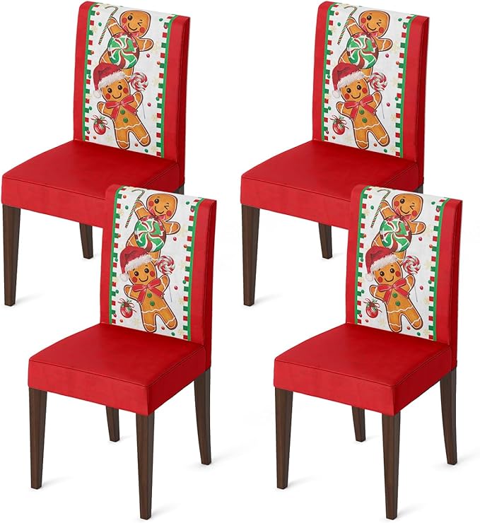 Horaldaily 4PCS Christmas Dining Chair Covers, Gingerbread Man Candy Cane Stretch Removable Washable Slipcover Chair Protector for Dining Room Home Decor