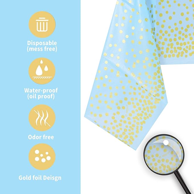 Blue and Gold Tablecloths for Party 2 Pack - 54x108 inch Gold Dot Confetti Disposable Rectangular Plastic Table Cover for Baby Shower Boy Birthday Engagement Wedding Gender Reveal BBQ Party