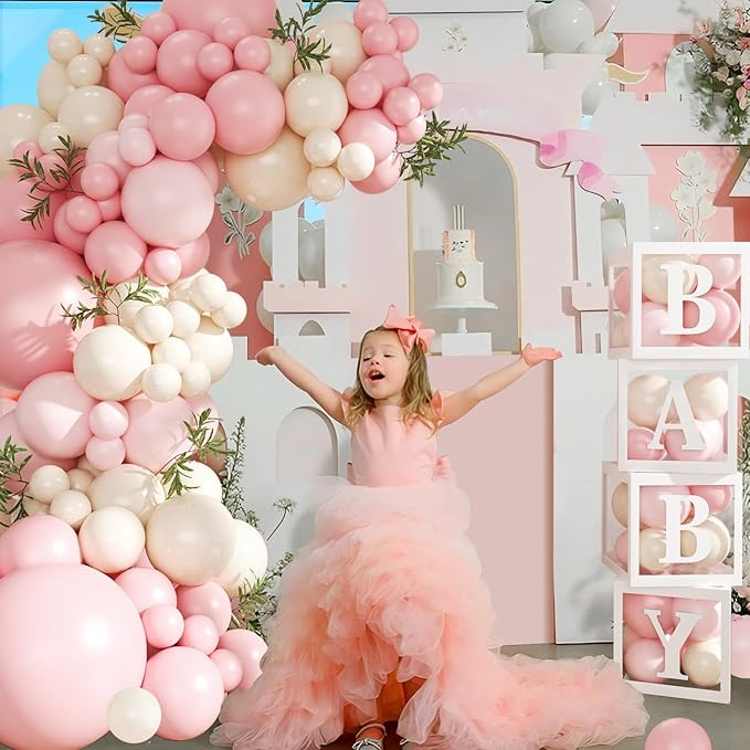 Pink Balloon Arch Garland Kit, 132Pcs Pink Baby Shower Decorations for Girl Baby Boxes with Letters for Boho Baby Shower Birthday Gender Reveal Party Wedding Decorations