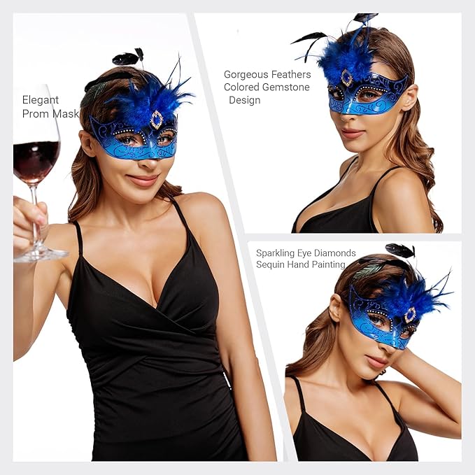 2025 Masquerade Mask for Women with Feathers - Venetian Masquerade Mask for Carnival Ball, Mardi Gras, Prom