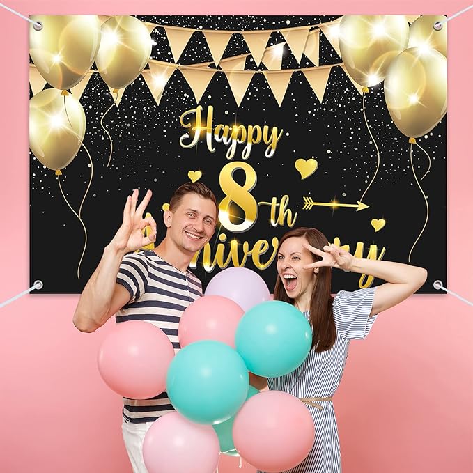 HAMIGAR 6x4ft Happy 8th Anniversary Banner Backdrop - 8 Wedding Anniversary Decorations Party Supplies - Black Gold