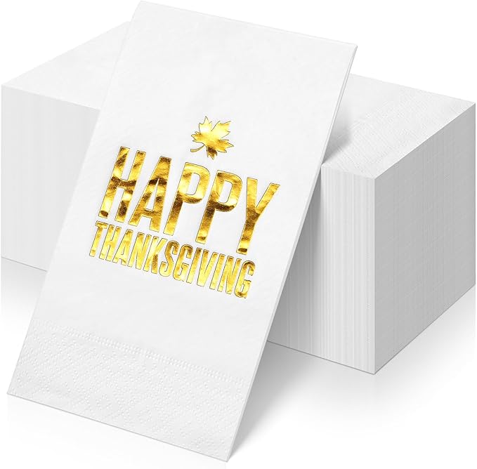 100pcs Thanksgiving Cocktail Napkins,Disposable Napkins with Happy Thanksgiving Gold Foiled,Fall Dinner Guest Paper Hand Towels for Autumn Harvest Thanks Theme Party Decorations,7.9 * 4.3inch