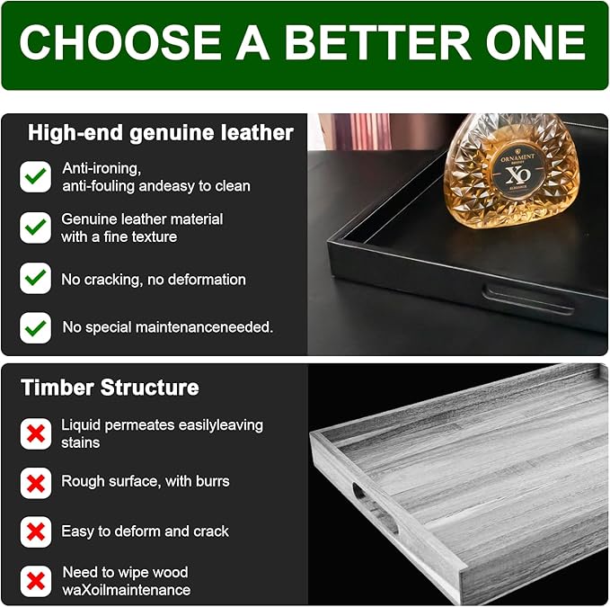 35 * 35 inches Leather Rectangle Serving Tray with Hole Handles,High-End Light Large Service Tray for Ottoman Tray, Tea, Food, Butler - Countertop, Kitchen,Family Dinner, Picnic (Black)