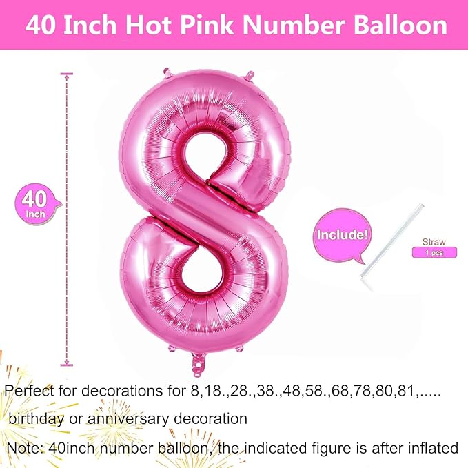 Pink Number Balloons, Large Hot pink Number 8 Balloon 40 Inch Pink 8 Balloon for Men Women Boys Girls 8th Birthday Party Decoration