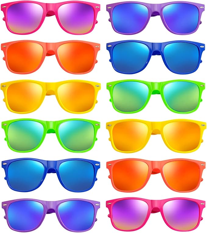 SUNOVELTIES 12/24 Pack Neon Party Sunglasses Mirrored/Jelly Lens Bulk Glasses Horn Rimmed Eyewear for Men Women