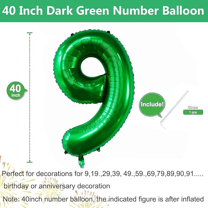 Green Number Balloons, 40 Inch Dark Green Balloon 9.9 Helium Balloon 9th Birthday for 9 Years Birthday Party Wedding Anniversary Decoration Children Girls Boys
