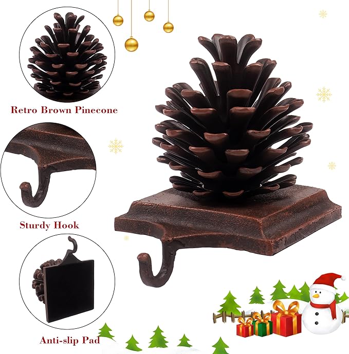 JUSTOTRY New Pine Cones Christmas Stocking Holder Set of 2 with Non-Skid Retro Brown Stocking Hangers for Mantel Fireplace Christmas Indoor Home Decor Gifts Xmas Decorations