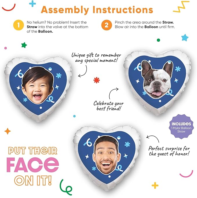 Big Dot of Happiness Personalized Fun Face Photo Blue Heart Balloons, Custom Birthday Balloons, Boy Baby Shower Decorations, Bachelorette Party, Bridal Shower, Double-Sided Mylar Balloon, 1 Piece