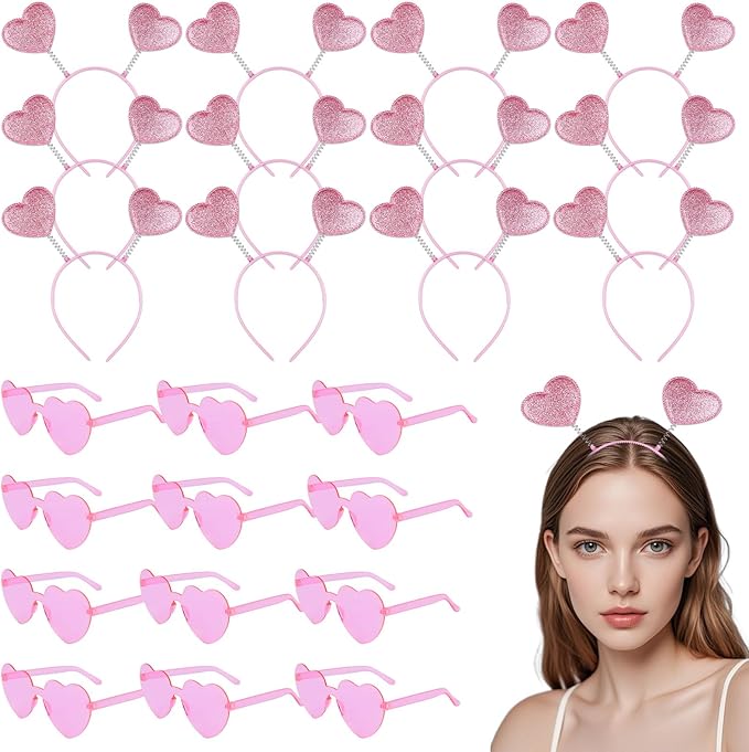 Valentines Heart Headband and Heart Sunglasses 24Pcs Pink Valentine's Day Accessories for Women Glitter Cupid Accessories for Valentine Wedding Anniversary Birthday Engagement Party Favors