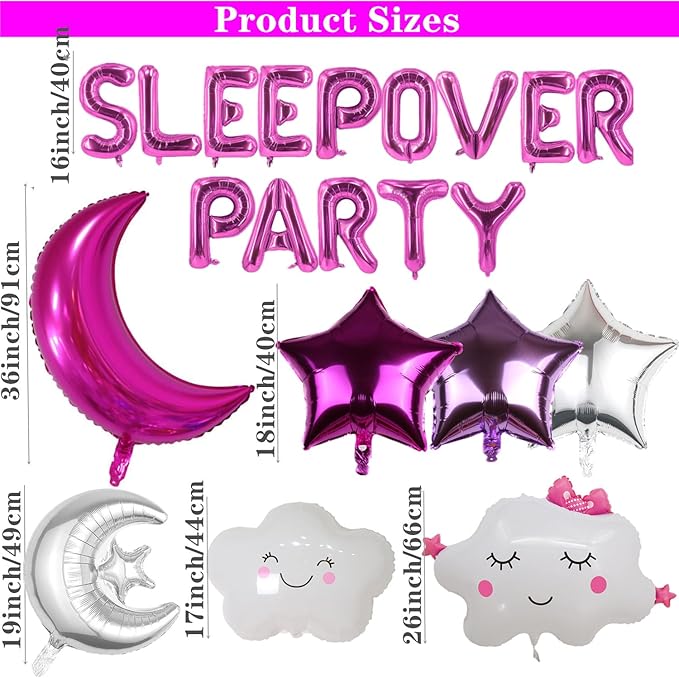 47 Pieces Sleepover Party Decoration Rose Red Sleepover Birthday Party Balloons Banner Large Moon Star for Girls Pajamas Slumber Party Night Out Party Decoration (Rose red)