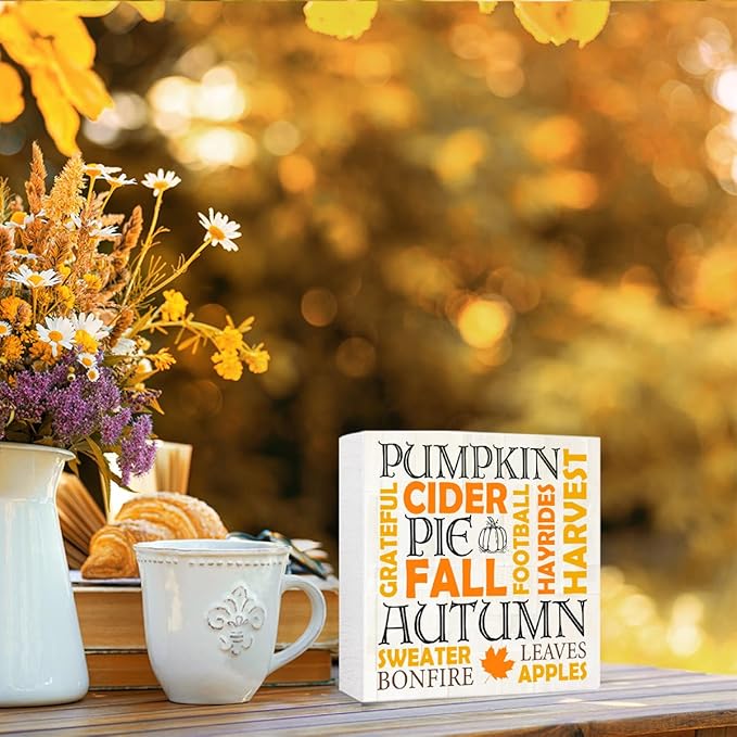Funny Autumn Wood Box Sign Autumn Theme Wooden Block Desk Decor for Home Office Kitchen Cubicle Table Shelf Tabletop,Farmhouse Fall Sign Decor