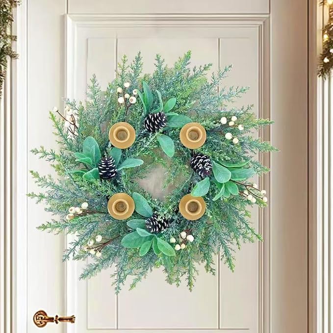 20 Inch Christmas Candlestick Wreath for Front Door,Artificial Snowy Pine Wood Paired with Off White Berries Used for Window, Wall, Porch, and Other Indoor and Outdoor Home Decorations